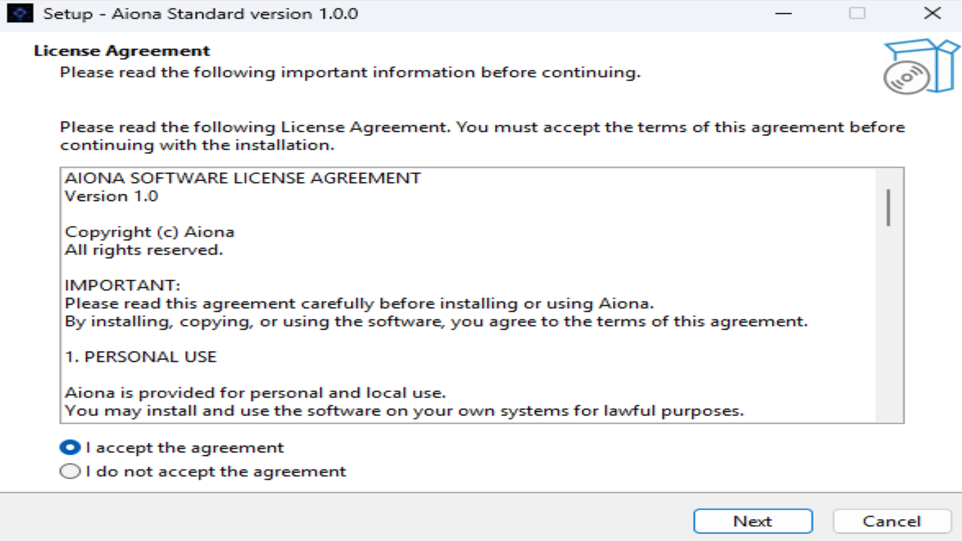 Aiona Windows installer screenshot